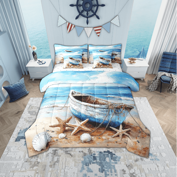Erosebridal Hawaii Beach Bedding Sets Twin Size, Sea Wave Seashell Starfish Comforter Sets with Sheets, Reversible 7-Piece