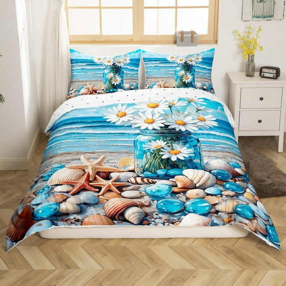 Erosebridal Hawaii Beach Comforter Cover Twin, Cute Starfish Bedding Twin Size, Blue Ocean Decor, Reversible 2 Pieces(No Comforter)