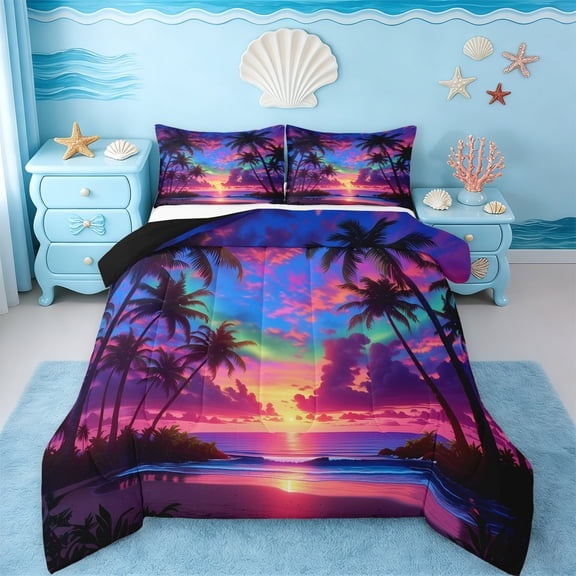 Erosebridal Hawaii Beach Queen Comforter Set,Hawaii Holiday Tropical Botanical Coconut Tree Bedding Comforter Set For Girls,Reversible Black,3 Pieces