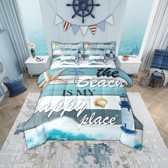 Erosebridal Hawaii Beach Theme Bed in a Bag Full Size, Coastal Lighthouse Ocean Wave Bed Set, Reversible 7-Piece