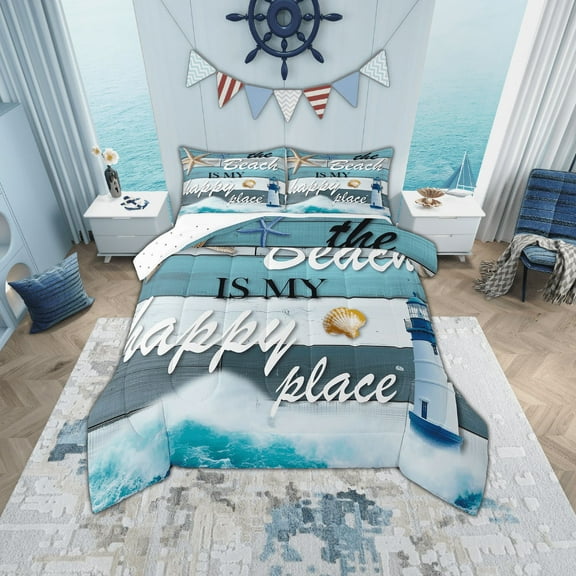 Erosebridal Hawaii Beach Theme Bedding Twin Comforter Set, Coastal Lighthouse Ocean Wave Down Comforter, Reversible 2-Piece