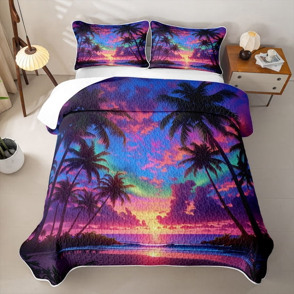 Erosebridal Hawaii Beach Twin Quilt Set,Hawaii Holiday Tropical Botanical Coconut Tree Twin Coverlet Set For Girls,2-Piece