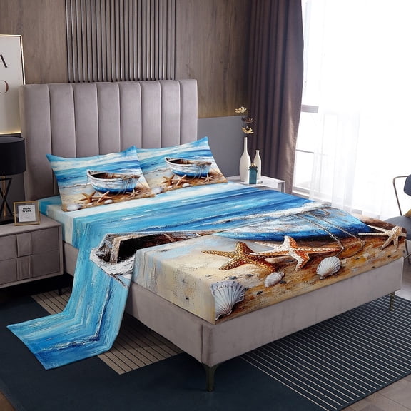 Erosebridal Hawaii Beach Twin Sheet Sets, Sea Wave Seashell Starfish Bedding Twin Size 3-Piece