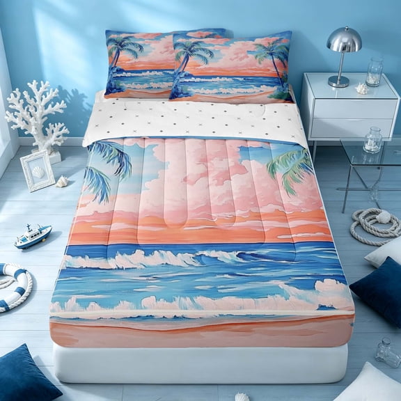 Erosebridal Hawaii Beach Zipper Queen Comforter Set with Fitted Sheet and 2 Pillowcases, Sea Zipper Bedding Set, Reversible
