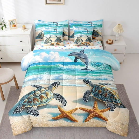 Erosebridal Hawaiian Beach Bed in a Bag Full size, Sea Turtle Starfish Dolphin Comforter Sets with Sheets, Reversible 7 Pieces