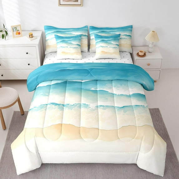 Erosebridal Hawaiian Beach Bedding Queen Size, Cartoon Marine Wave Comforter Sets with Sheets, Ocean Sea Themed Room Decor Super Cozy 7-Piece