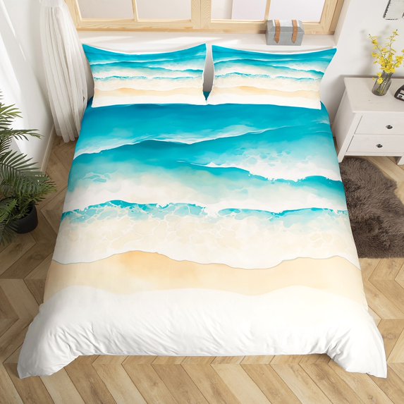 Erosebridal Hawaiian Beach Comforter Cover Queen, Cartoon Marine Wave Bedding Queen Size, Ocean Sea Themed Room Decor Microfiber 3-Piece (No Comforter)