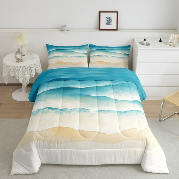 Erosebridal Hawaiian Beach Comforter Sets Queen Size, Cartoon Marine Wave Comforters & Duvets, Ocean Sea Themed Room Decor Microfiber 3-Piece