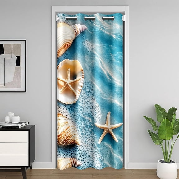 Erosebridal Hawaiian Beach Doorway Curtain Privacy 1 Panel,34"x80" Starfish Seashell Door Cover Curtain Ocean Sea Coastal Nature Pattern 30%-50% Room Darkening Blackout Curtain