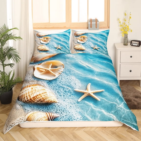 Erosebridal Hawaiian Beach Duvet Cover Queen Size Starfish Seashell Bedding Set Ocean Sea Coastal Nature Pattern Comforter Cover Set Summer Holiday Vacation,(No Comforter)