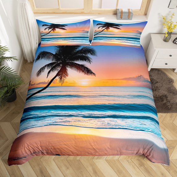 Erosebridal Hawaiian Beach Duvet Cover Queen, Tropical Palm Tree Bedding Sets Queen Size, Sea Wave Bedroom Decorative Ultra Soft 3 Pieces (No Comforter)