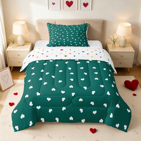 Erosebridal Heart Pattern Simple Love Twin Comforter Sets for Girls, Minimalist Romantic Bedding Set, Polka Dots Reversible 2pcs 1 Comforter and 1 Pillowcase