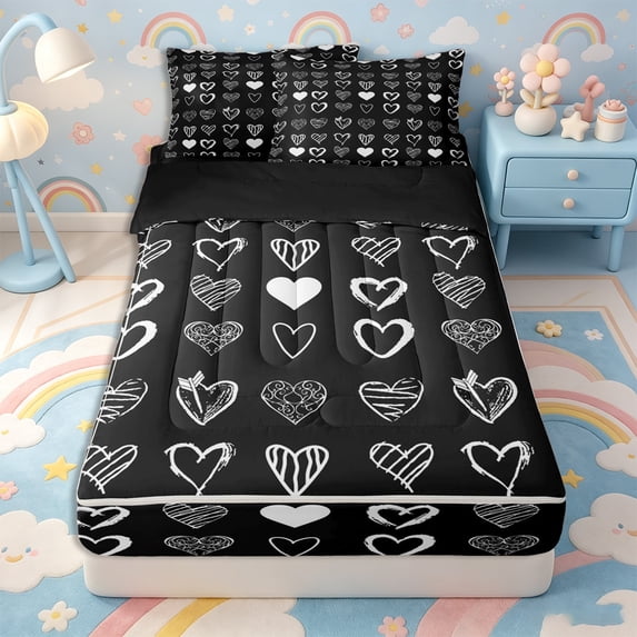 Erosebridal Heart Pattern Zipper Queen Comforter Set with Fitted Sheet and 2 Pillowcases,Minimalist Stripes Zipper Bedding Set,Black White,Black Reversible