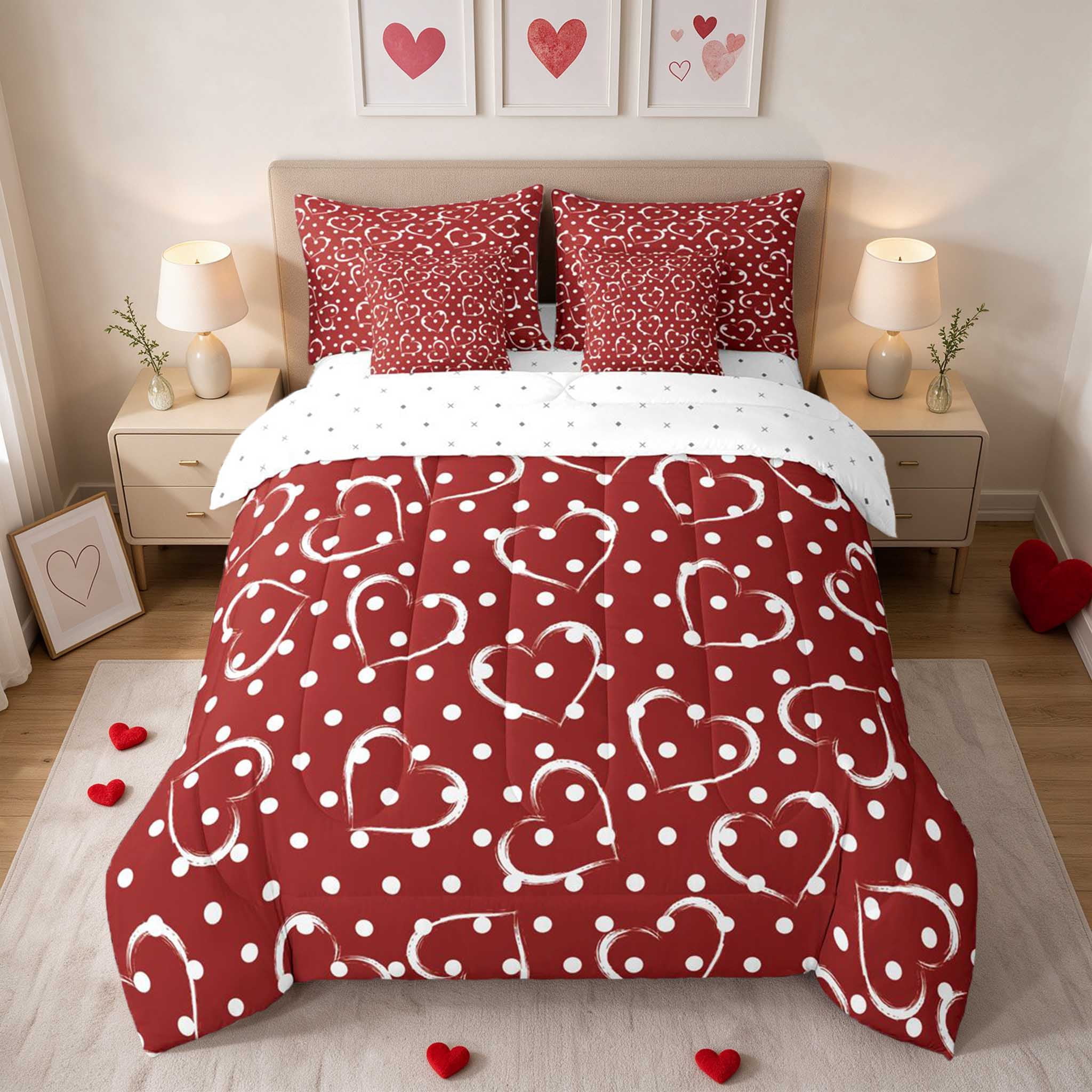 Erosebridal Heart Polka Dot Valentine King Bedding for Girls, Red White ...