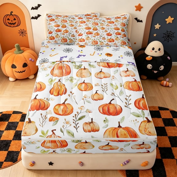 Erosebridal Hello Fall Zipper Twin Comforter Sets with Fitted Sheet and 2 Pillowcases,Orange Pumpkin Leaf Zipper Bedding Set For Girls,Halloween Reversible,4 Pieces