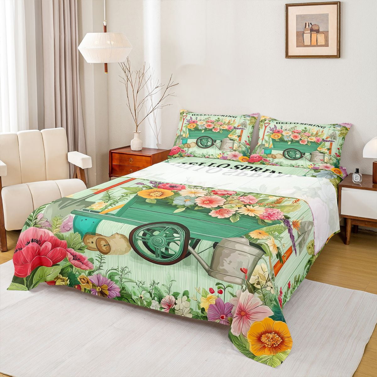 Erosebridal Hello Spring Flower Full Size Sheets for Kids, Green Leaf ...
