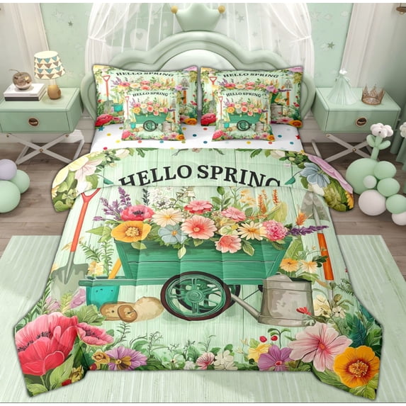 Erosebridal Hello Spring Flower Twin Bedding Sets 7-Piece for Kids, Green Leaf Bedding Comforter Set