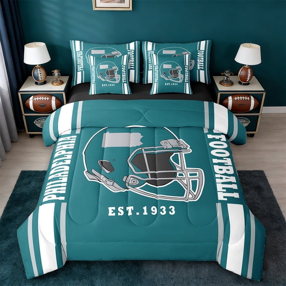 Erosebridal Helmet City Silhouette Bed in a Bag Twin Size,Rugby Sports Bed Set,Philadelphia Bedding Twin Size,Breathable Room Decorative Reversible,7 Pieces