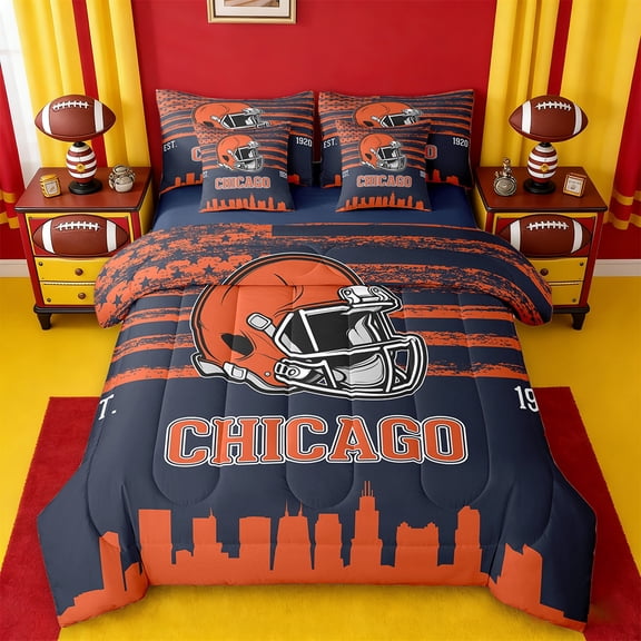 Erosebridal Helmet City Silhouette Bedding Sets Twin Size,Chicago Comforter Sets with Sheets,American Football Bed in a Bag Twin Size,Breathable Room Decorative Reversible,7-Piece