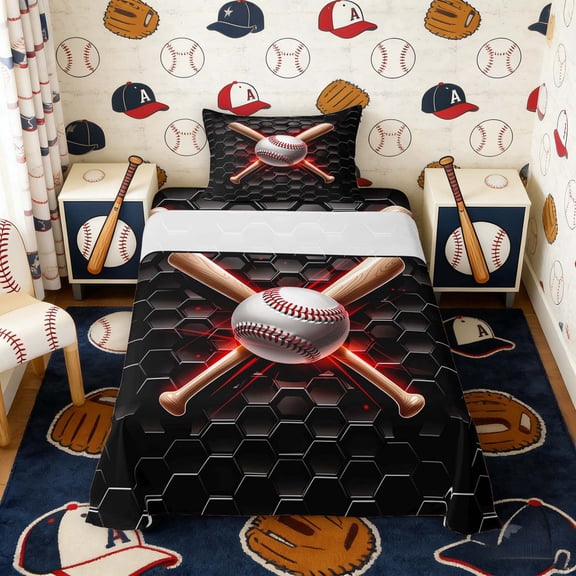 Erosebridal Hexagon Baseball Twin Sheet Sets, Sport Bedding for Men and Boys, 3pcs, 1 Flat Sheet, 1 Fitted Sheet and 1 Pillowcase
