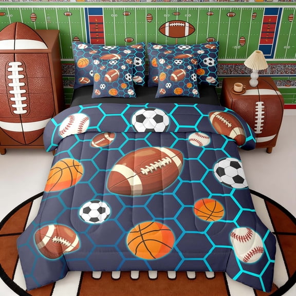 Erosebridal Hexagon Basketball Soccer Football Twin Bedding Sets, Sport Bedding Comforter Set for Boys and Girls, Black Reversible 7pcs