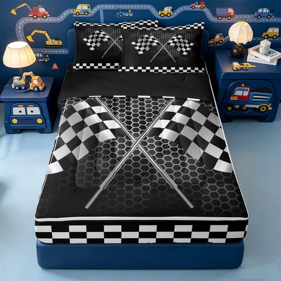 Erosebridal Hexagon Black Race Flag Zipper Full Size Comforter Sets with Fitted Sheet and 2 Pillowcases,Distressed Checkered Racing Stripe Zipper Bedding Set For Boys,Black Reversible,4pcs
