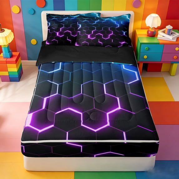 Erosebridal Hexagon Strip Zipper Twin Comforter Sets with Fitted Sheet and 2 Pillowcases,Colorful Neon Geometric Zipper Bedding Set For Boys,Black Reversible,4-Piece