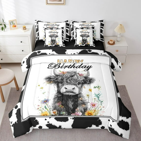 Erosebridal Highland Bull Bedding Full Size, Colorful Flower Bedding Sets Full Size, Happy Birthday Decor, Reversible 7pcs