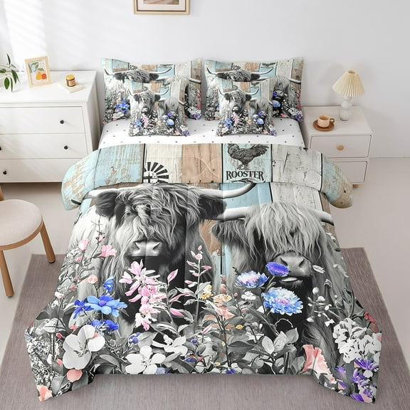 Erosebridal Highland Bull Bedding Full Size, Flower Floral Bed Set, Rustic Animal Reversible Bed in a Bag Full size, Breathable Room Decorative, 7 Pieces