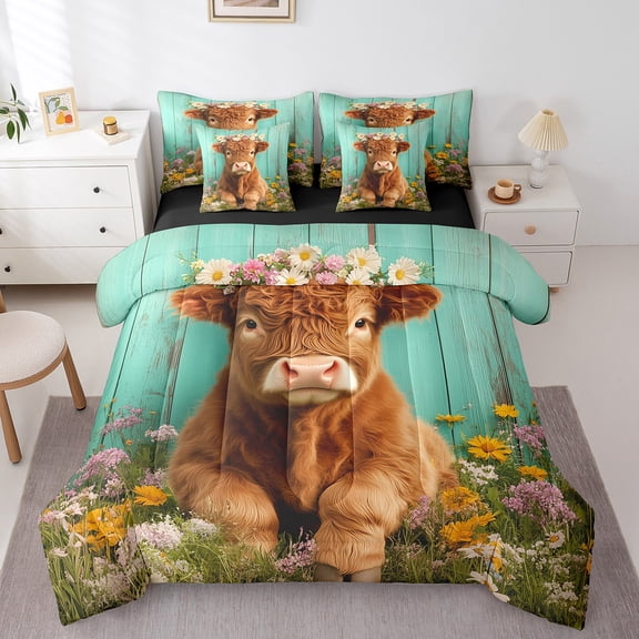 Erosebridal Highland Bull Bedding King Size, Daisy Flower Bedding Sets King Size, Farmhouse Rustic Decor, Reversible 7 Pieces