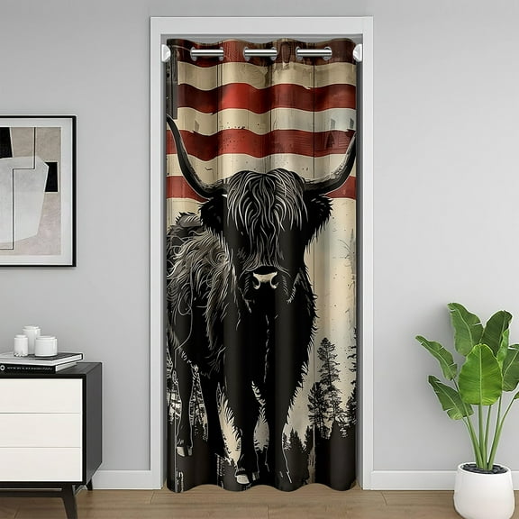 Erosebridal Highland Bull Door Curtain For Door Window 34x80, Jungle Plant Door Drape, Rustic Animal Decor