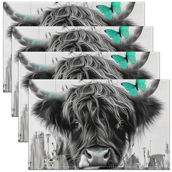 Erosebridal Highland Bull Place Mats Set of 4 for in Door Dinning, Chic Daisy Floral Table Place Mats for in Door Dining, Rustic Farmhouse Decorative
