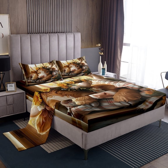 Erosebridal Highland Cattle Bed Sheets Twin , Vintage Farmhouse Bedding Sets Twin Size, Farm Animal Bedroom Decor 3-Piece