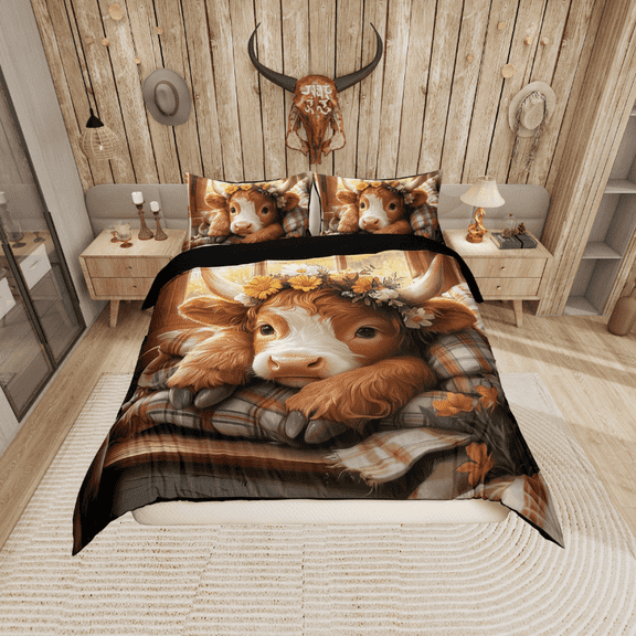 Erosebridal Highland Cattle Duvet Cover Twin, Vintage Farmhouse Bedding Sets Twin Size, Farm Animal Bedroom Decor, Reversible 2-Piece (No Comforter)
