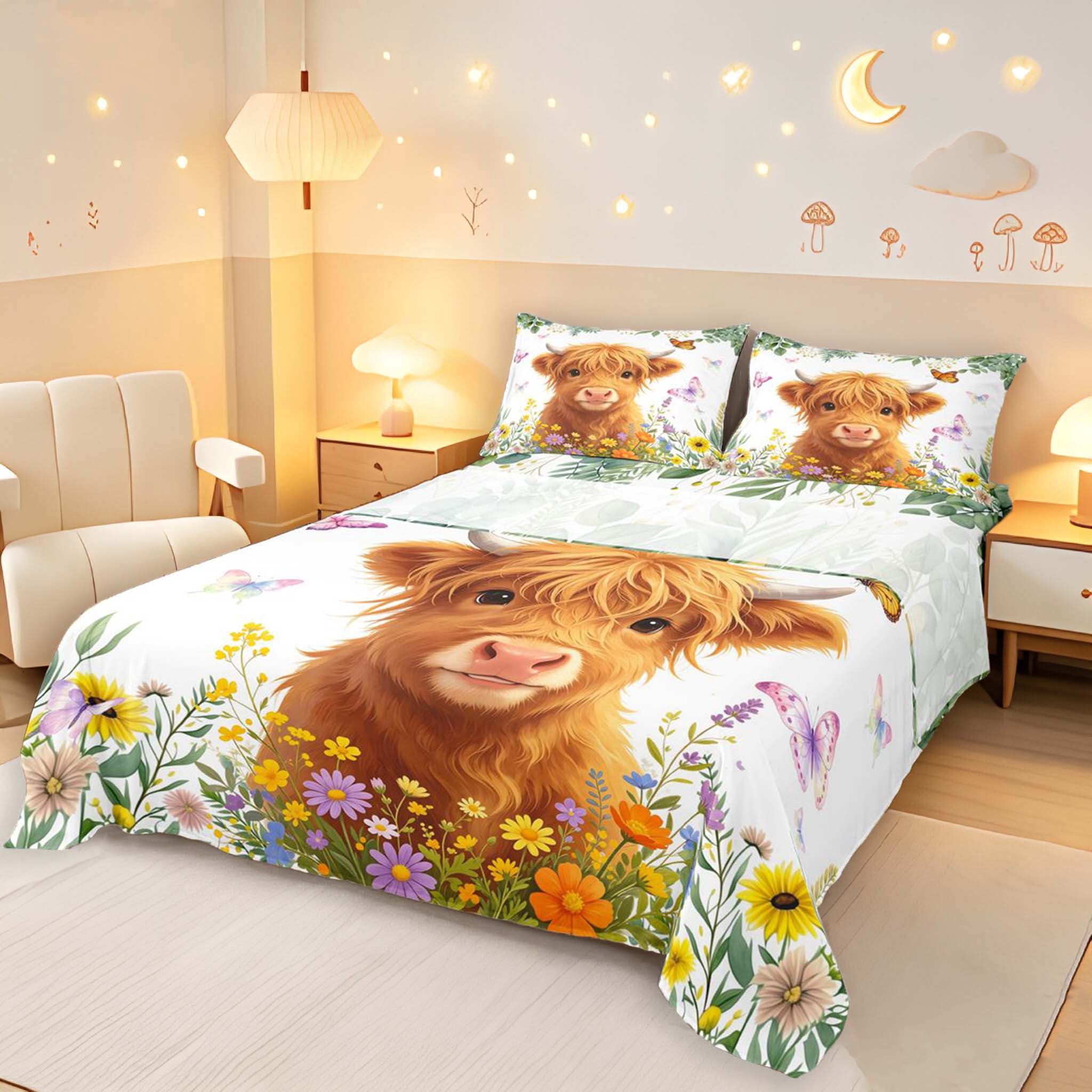 Erosebridal Highland Cow Animals King Sheets,Butterfly Bedding,4pcs,1 ...