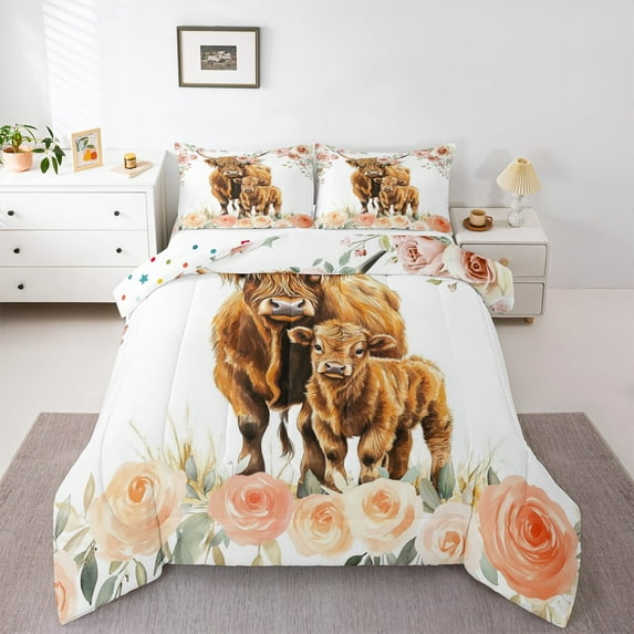 Erosebridal Highland Cow Bedding Sets Full with Comforter,Rose Flower Duvet Insert,Floral Wildlife Comforter Sets Full Size,Lightweight Teens Bedroom Decor,Reversible,3pcs