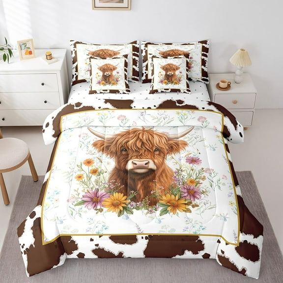 Erosebridal Highland Cow Bedding Sets Full Size, Rustic Farmhouse Comforter Sets with Sheets, Cow Print Decor, Reversible 7 Pieces
