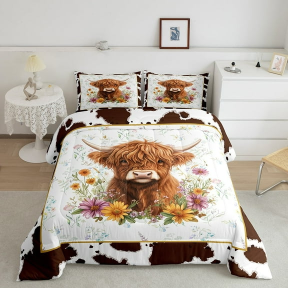 Erosebridal Highland Cow Bedding Sets King with Comforter, Rustic Farmhouse Duvet Insert, Cow Print Decor, Reversible 3 Pieces