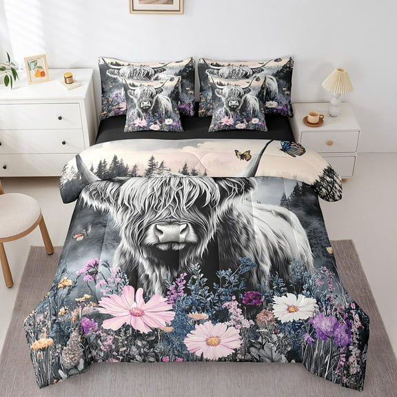 Erosebridal Highland Cow Bedding Sets Twin Size,Floral Butterfly Comforter Sets with Sheets,Farmhouse Animal Bed in a Bag Twin size,Ultra Soft Flower Room Decoration,Reversible,7pcs