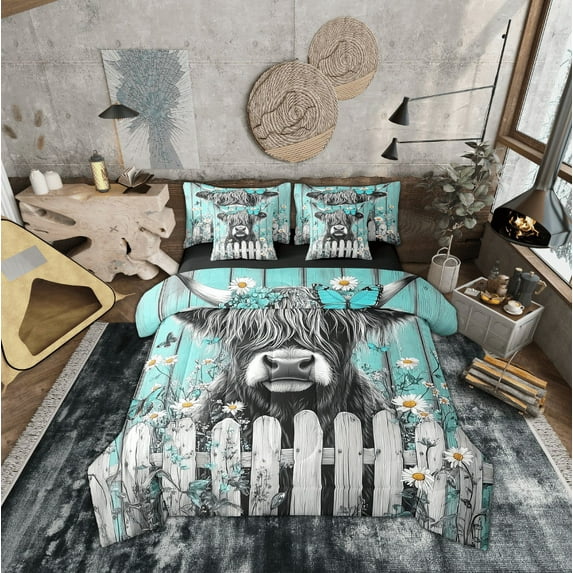 Erosebridal Highland Cow Bedding Sets Twin Size, Rustic Farmhouse Comforter Sets with Sheets, Teal Gray Lodge Cabin Decor, Reversible 7-Piece