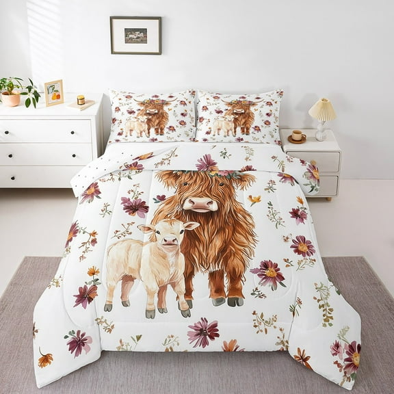 Erosebridal Highland Cow Bedding Twin Comforter Set,Floral Flower Down Comforter,Cartoon Animal Bedding Sets Twin with Comforter,Ultra Soft Farmhouse Room Decor,Reversible,2-Piece