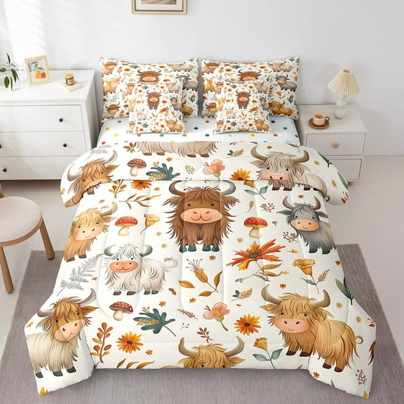 Erosebridal Highland Cow Bedding Twin Size, Rustic Animal Bedding Sets Twin Size, Mushroom Leaf Plant Decor, Reversible 7pcs