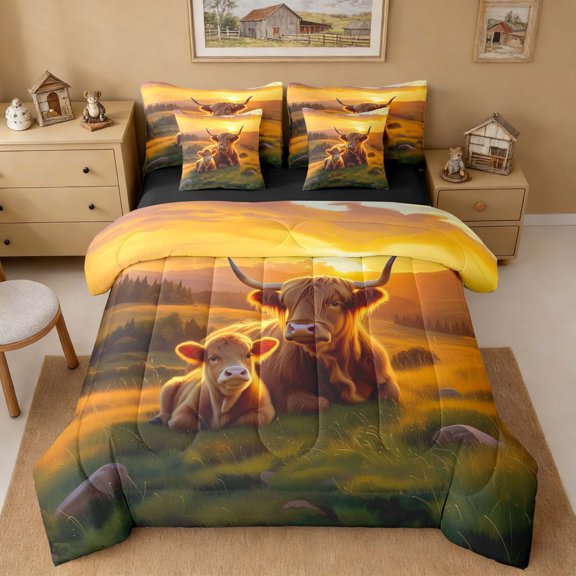 Erosebridal Highland Cow Calf Sunset Bedding Comforter Set for Boys and Girls, Brown Golden Farm Full Bedding Set, Black Reversible, 7-Piece