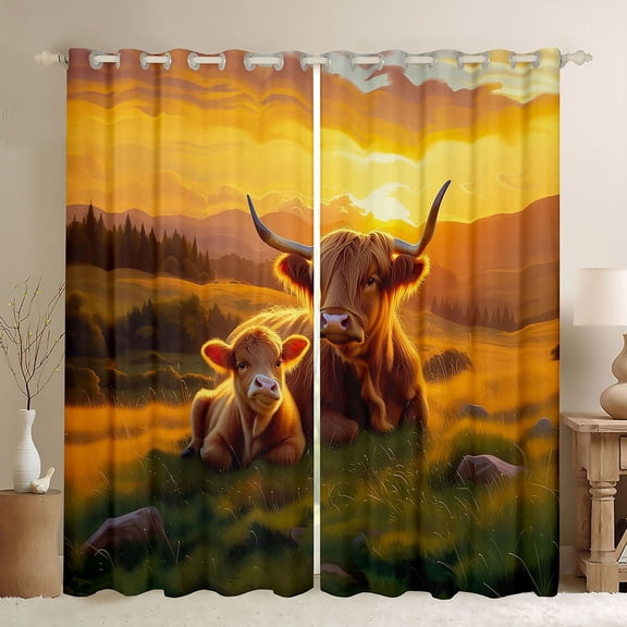 Erosebridal Highland Cow Calf Sunset Black Out Curtains for Boys and Girls, Brown Golden Farm Curtains Pack of 2 (42x63 Each)