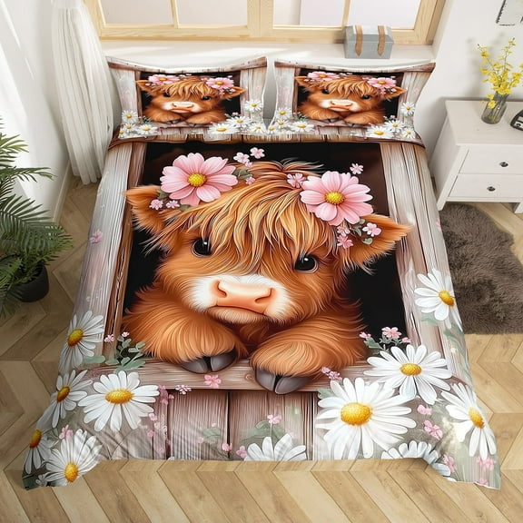 Erosebridal Highland Cow Comforter Cover Twin, Farmhouse Animal Bedding Sets Twin Size, Daisy Bedroom Decor, Ultra Soft 2 Pieces, (No Comforter)