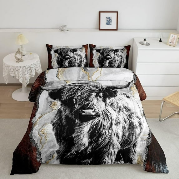 Erosebridal Highland Cow Comforter Set King,Bull Cattle Bedding Set,Gold Grey Marble Duvet Insert Men,Wildlife Farmhouse Cow Down Comforter with 2 Pillowcases Home Room Decor