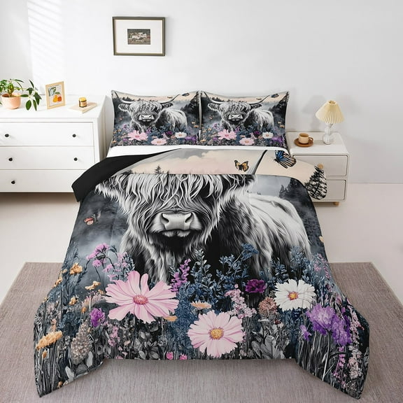 Erosebridal Highland Cow Comforter Sets Queen Size,Floral Butterfly Bedding Queen Comforter Set,Farmhouse Animal Duvet Insert,Ultra Soft Flower Room Decoration,Reversible,3 Pieces