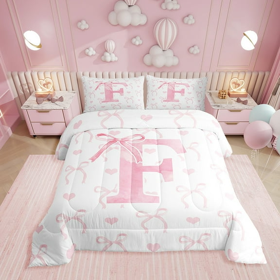 Erosebridal Kawaii Bowknot Bedding Twin Comforter Set, Initial F Down Comforter, Romantic Initial A-Z Decor, Reversible