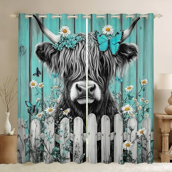 Erosebridal Highland Cow Curtains for Living Room, Rustic Farmhouse 30%-50% Blackout Curtains Set of 2 (52x63), Teal Gray Lodge Cabin Decor