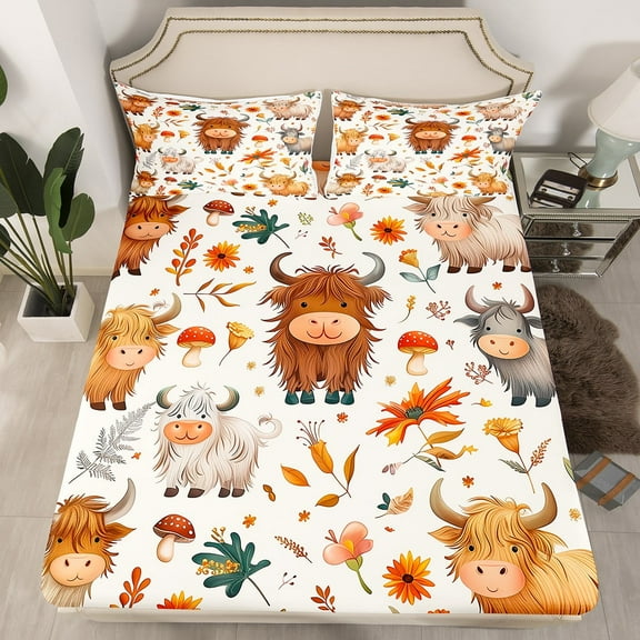 Erosebridal Highland Cow Fitted Sheet Set Twin, Rustic Animal Fitted Sheet Twin, Mushroom Leaf Plant Decor 2pcs（No Top Sheet）